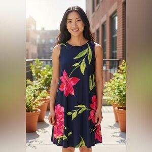 Anne Klein Navy Sleeveless Floral A-Line Dress Size 8